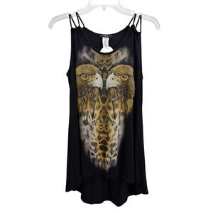 Vtg Issi‎ Black Eagle Graphic Embellished Open Back High Low Sleeveless Top M